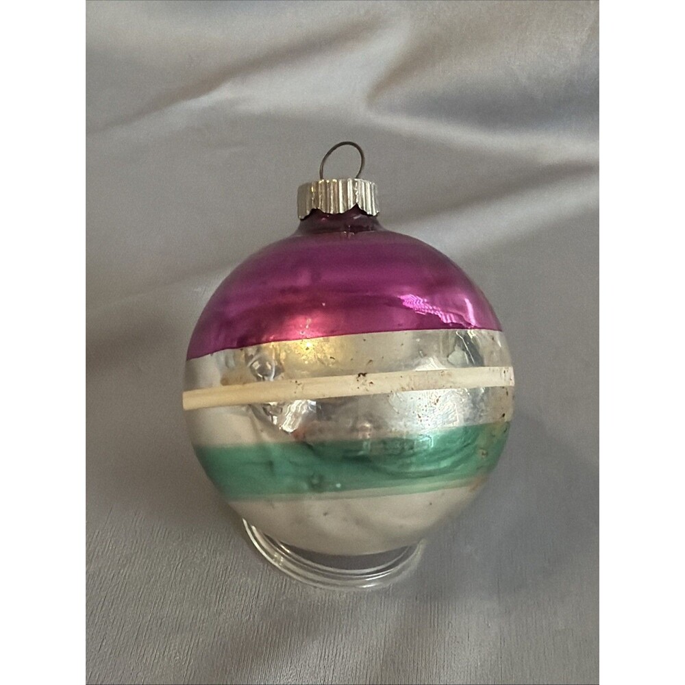 Vintage Shiny Brite Striped Glass Ball Christmas Ornament USA Pink Silver Green